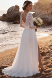 Long Sleeve White Floral A Line Lace Beach Wedding Dress With Slit