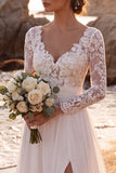 Long Sleeve White Floral A Line Lace Beach Wedding Dress With Slit