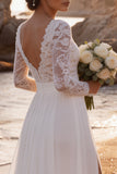 Long Sleeve White Floral A Line Lace Beach Wedding Dress With Slit
