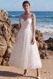Round Neck White Tulle Pearl A Line Long Engagement Dress