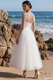 Round Neck White Tulle Pearl A Line Long Engagement Dress