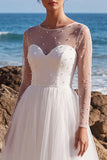 Round Neck White Tulle Pearl A Line Long Engagement Dress