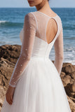 Round Neck White Tulle Pearl A Line Long Engagement Dress