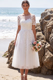 Bateau Neck White Tulle Floral A Line Midi Engagement Dress
