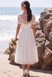 Bateau Neck White Tulle Floral A Line Midi Engagement Dress