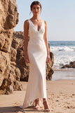 V-Neck Satin Mermaid White Long Wedding Dress