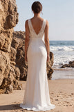 V-Neck Satin Mermaid White Long Wedding Dress