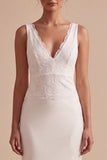 V-Neck Satin Mermaid White Long Wedding Dress
