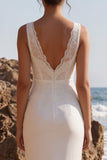 V-Neck Satin Mermaid White Long Wedding Dress