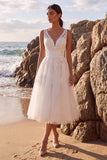 Floral Tulle White A Line V-Neck Lace Midi Engagement Dress