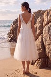 Floral Tulle White A Line V-Neck Lace Midi Engagement Dress