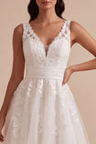 Floral Tulle White A Line V-Neck Lace Midi Engagement Dress