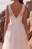 Floral Tulle White A Line V-Neck Lace Midi Engagement Dress