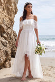 Cold Shoulder Ruffled White High-Low A Line Beach Wedding Dress