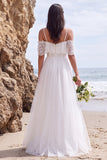 Cold Shoulder Ruffled White High-Low A Line Beach Wedding Dress