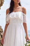 Cold Shoulder Ruffled White High-Low A Line Beach Wedding Dress