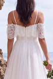 Cold Shoulder Ruffled White High-Low A Line Beach Wedding Dress