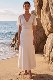Lace Floral A Line V-Neck White Long Engagement Dress