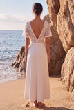 Lace Floral A Line V-Neck White Long Engagement Dress