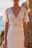 Lace Floral A Line V-Neck White Long Engagement Dress