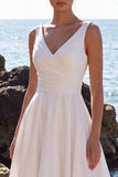 Ruched A Line V-Neck White Ruffles Long Engagement Dress
