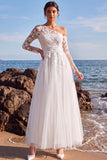 Asymmetrical Neck White Tulle Floral A Line Long Wedding Dress