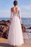 Asymmetrical Neck White Tulle Floral A Line Long Wedding Dress