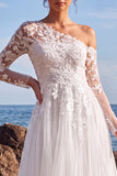 Asymmetrical Neck White Tulle Floral A Line Long Wedding Dress