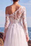Asymmetrical Neck White Tulle Floral A Line Long Wedding Dress
