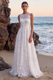 Bateau Neck White A Line Floral Long Wedding Dress
