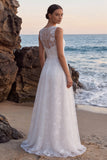 Bateau Neck White A Line Floral Long Wedding Dress