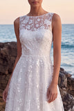 Bateau Neck White A Line Floral Long Wedding Dress