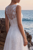 Bateau Neck White A Line Floral Long Wedding Dress