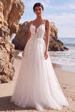 White Lace Appliqued A Line Long Wedding Dress