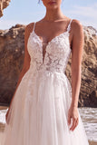 White Lace Appliqued A Line Long Wedding Dress
