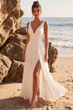A Line V-Neck White Simple Wedding Dress With Slit