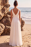 A Line V-Neck White Simple Wedding Dress With Slit