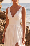 A Line V-Neck White Simple Wedding Dress With Slit