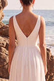 A Line V-Neck White Simple Wedding Dress With Slit
