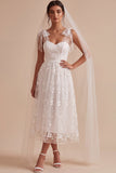 Bowed Floral A Line White Tulle Midi Engagement Dress