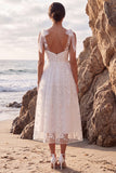 Bowed Floral A Line White Tulle Midi Engagement Dress