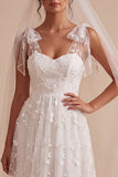 Bowed Floral A Line White Tulle Midi Engagement Dress