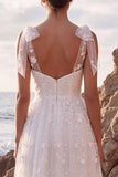 Bowed Floral A Line White Tulle Midi Engagement Dress