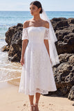 Off The Shoulder White Lace A Line Midi Engagement Dress