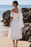 Off The Shoulder White Lace A Line Midi Engagement Dress