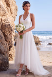 Halter White A Line Tulle High-Low Wedding Dress