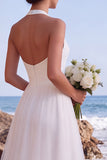 Halter White A Line Tulle High-Low Wedding Dress