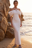 Clod Shoulder Sheath Satin White Beach Wedding Dress with Beading