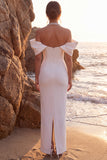 Clod Shoulder Sheath Satin White Beach Wedding Dress with Beading
