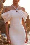 Clod Shoulder Sheath Satin White Beach Wedding Dress with Beading
